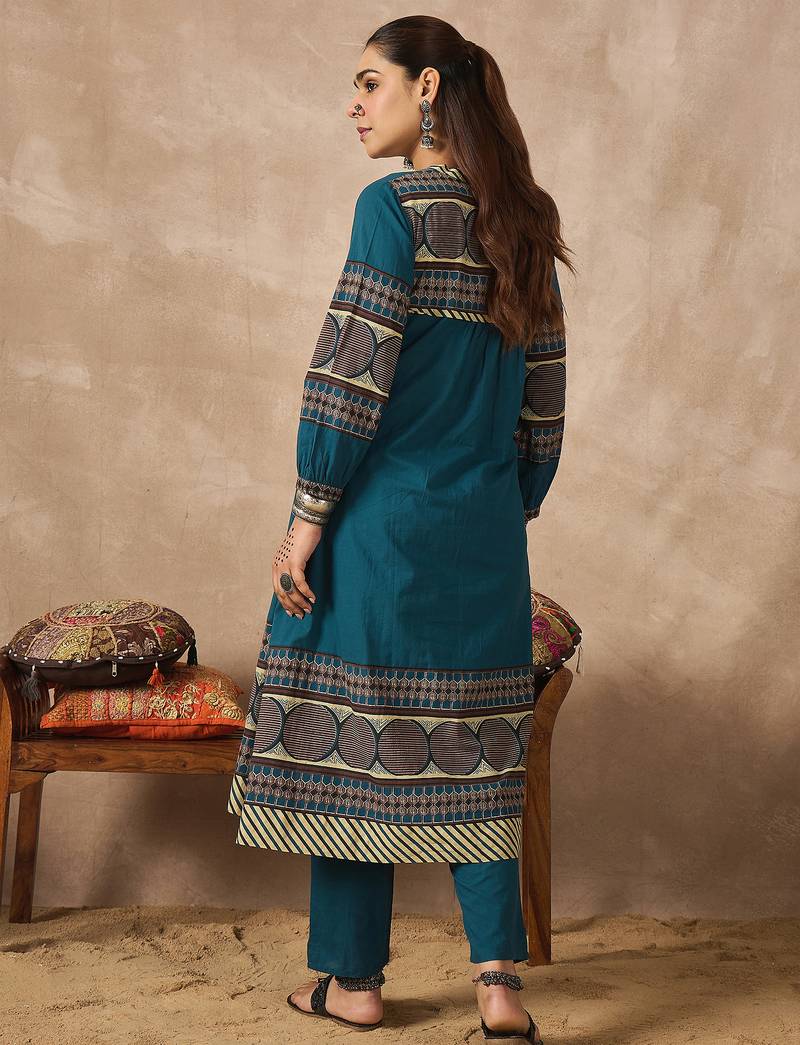Blue printed pure cotton kurta trouser set