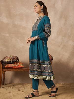 Blue printed pure cotton kurta trouser set 3