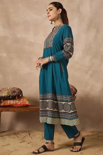 Blue printed pure cotton kurta trouser set