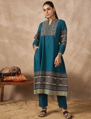 Blue printed pure cotton kurta trouser set 4