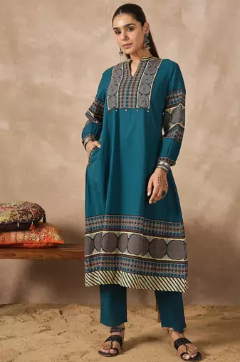 Blue printed pure cotton kurta trouser set