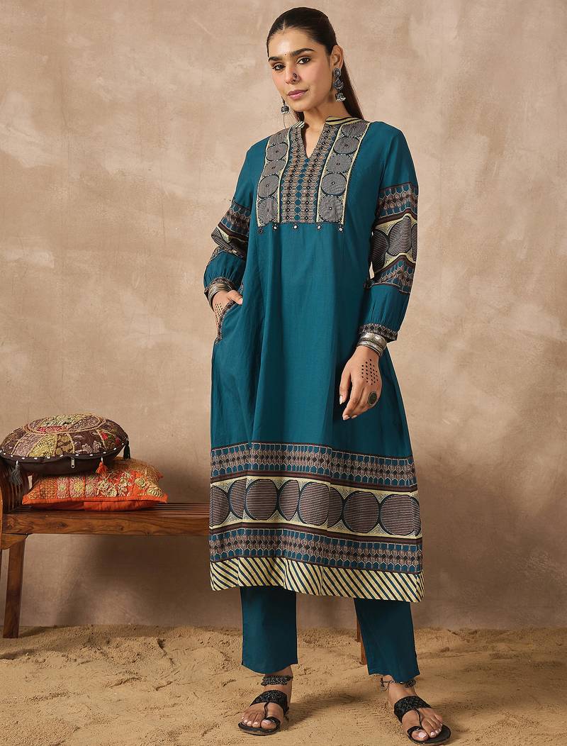 Blue printed pure cotton kurta trouser set