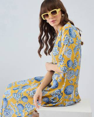 Yellow printed viscose rayon kurta trouser set 1
