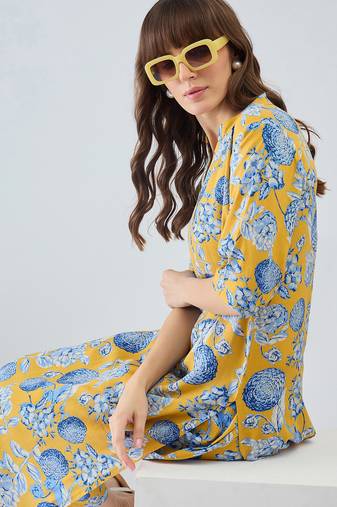 Yellow printed viscose rayon kurta trouser set