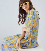 Yellow printed viscose rayon kurta trouser set