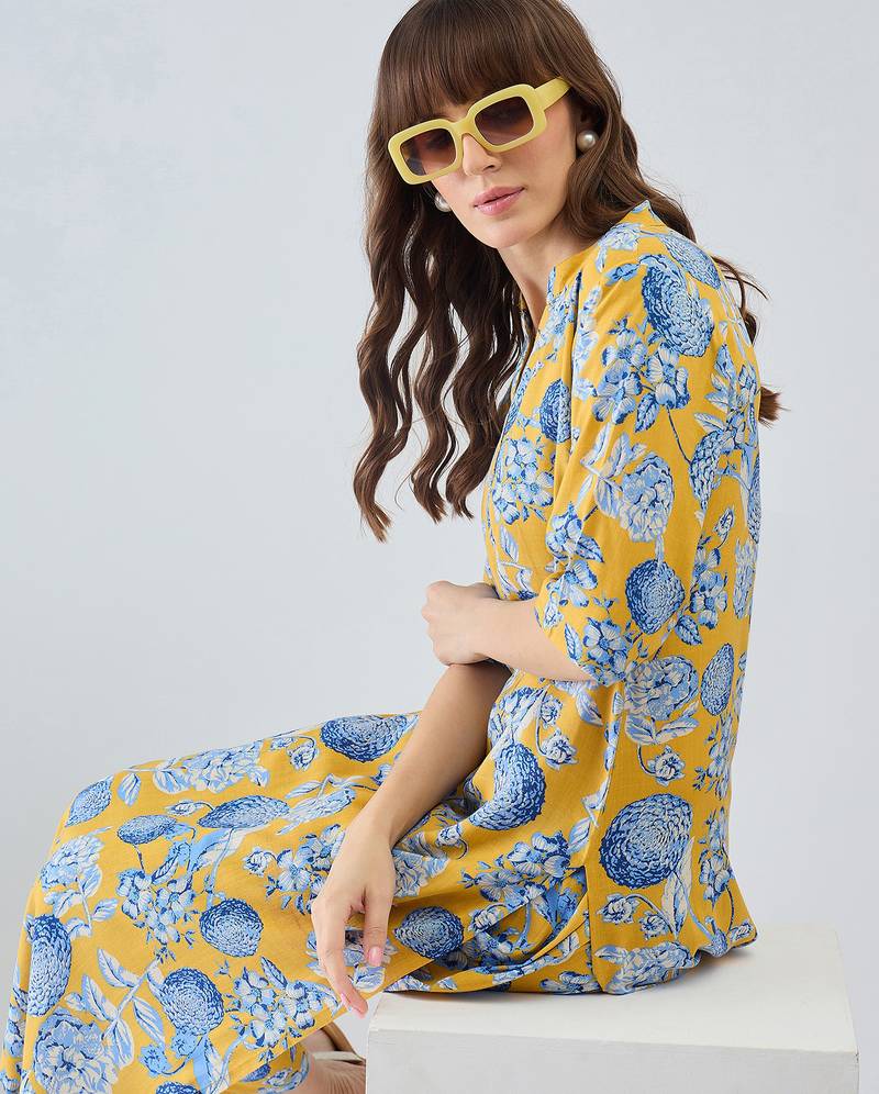 Yellow printed viscose rayon kurta trouser set