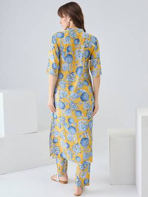 Yellow printed viscose rayon kurta trouser set 2