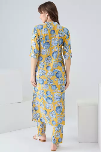 Yellow printed viscose rayon kurta trouser set