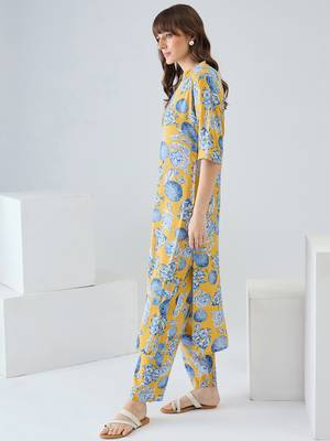 Yellow printed viscose rayon kurta trouser set 3