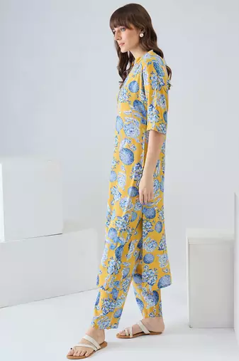 Yellow printed viscose rayon kurta trouser set