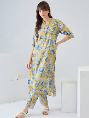 Yellow printed viscose rayon kurta trouser set 4