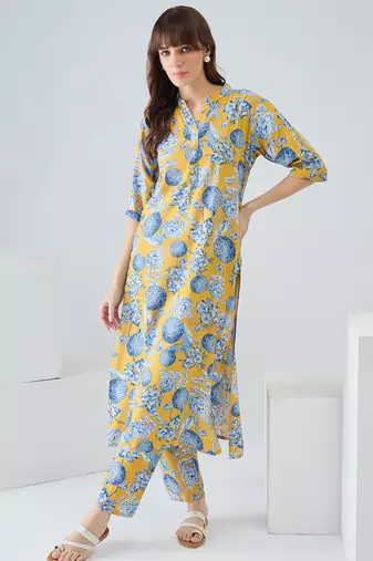 Yellow printed viscose rayon kurta trouser set