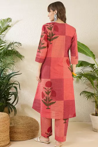 Multicolor printed pure cotton kurta trouser set