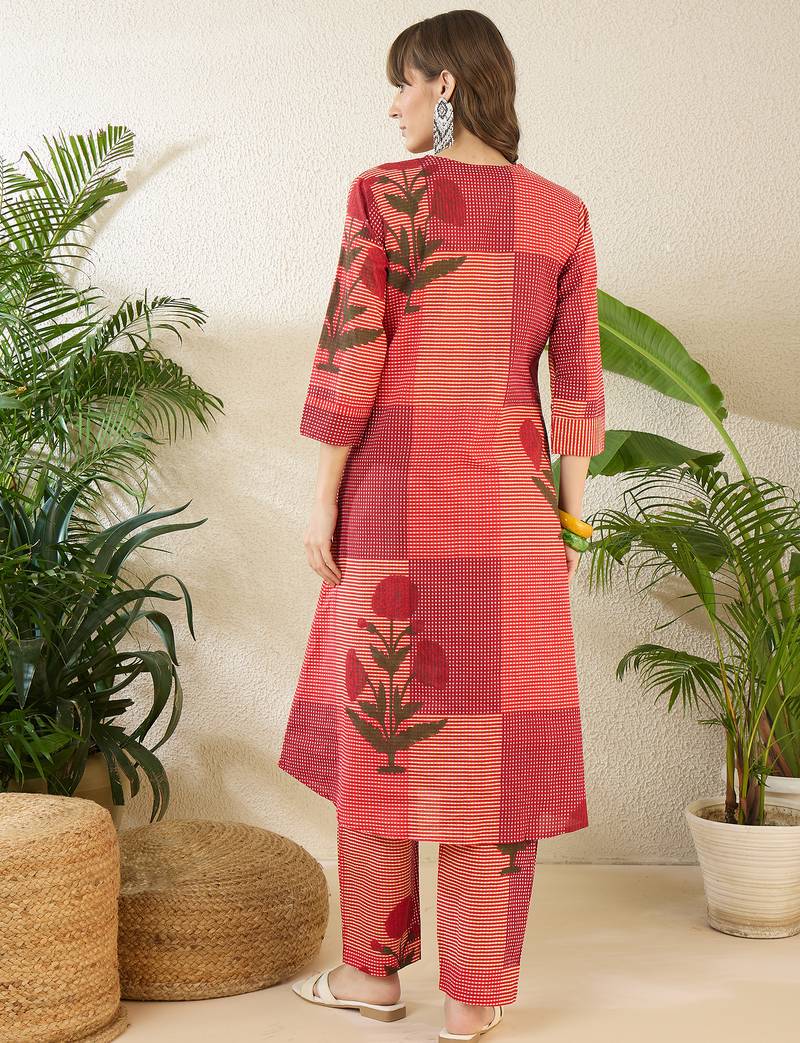 Multicolor printed pure cotton kurta trouser set