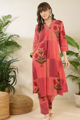 Multicolor printed pure cotton kurta trouser set
