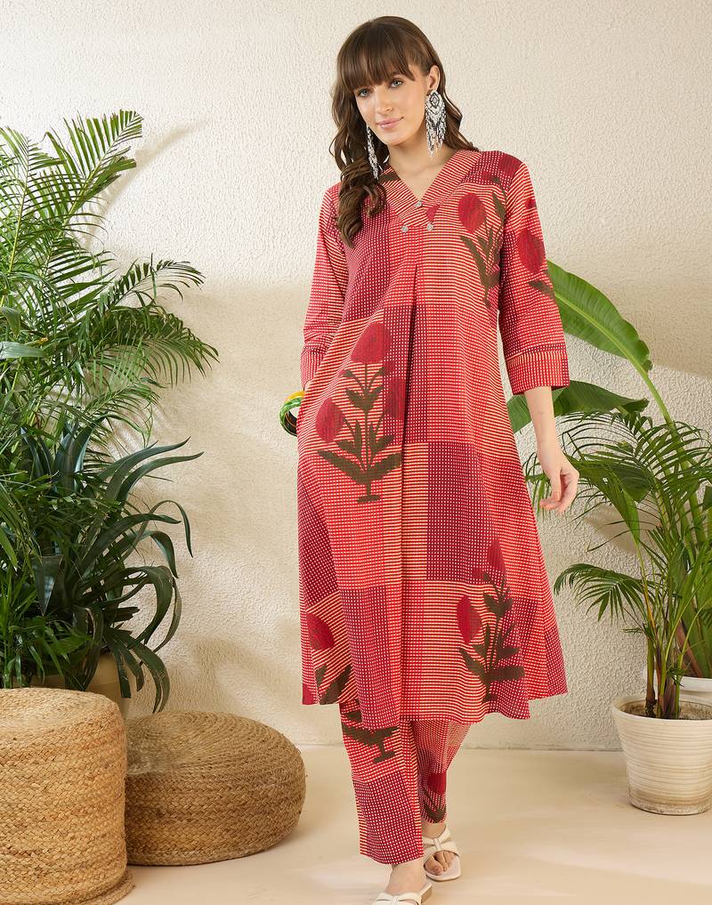 Multicolor printed pure cotton kurta trouser set