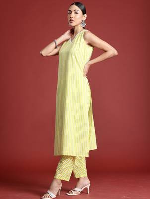 Yellow printed pure cotton kurta trouser set 2