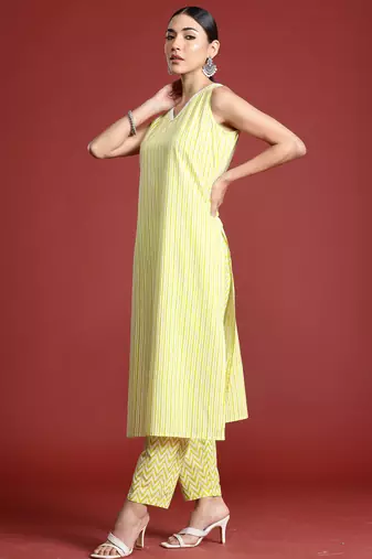 Yellow printed pure cotton kurta trouser set