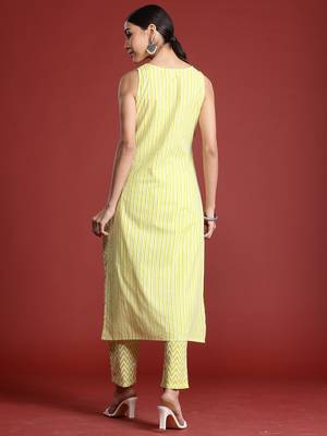 Yellow printed pure cotton kurta trouser set 3