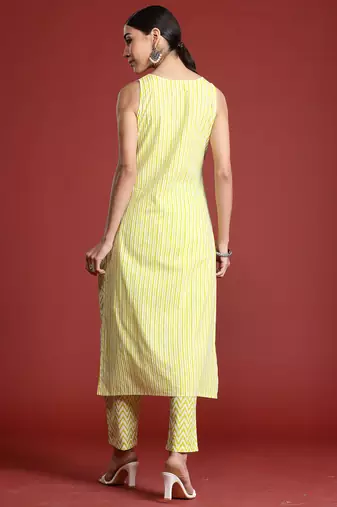 Yellow printed pure cotton kurta trouser set