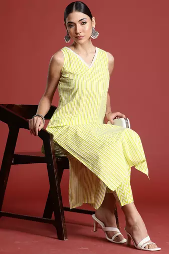 Yellow printed pure cotton kurta trouser set
