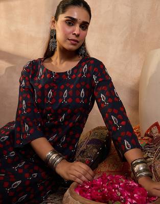 Navy blue printed pure cotton kurta trouser set 1