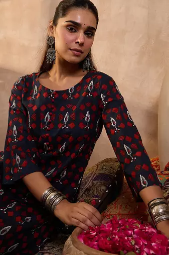Navy blue printed pure cotton kurta trouser set