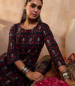 Navy blue printed pure cotton kurta trouser set