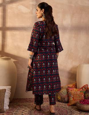 Navy blue printed pure cotton kurta trouser set 2