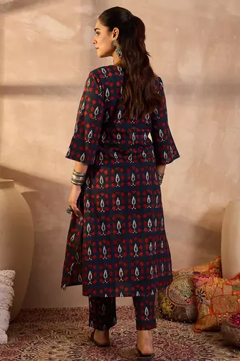 Navy blue printed pure cotton kurta trouser set