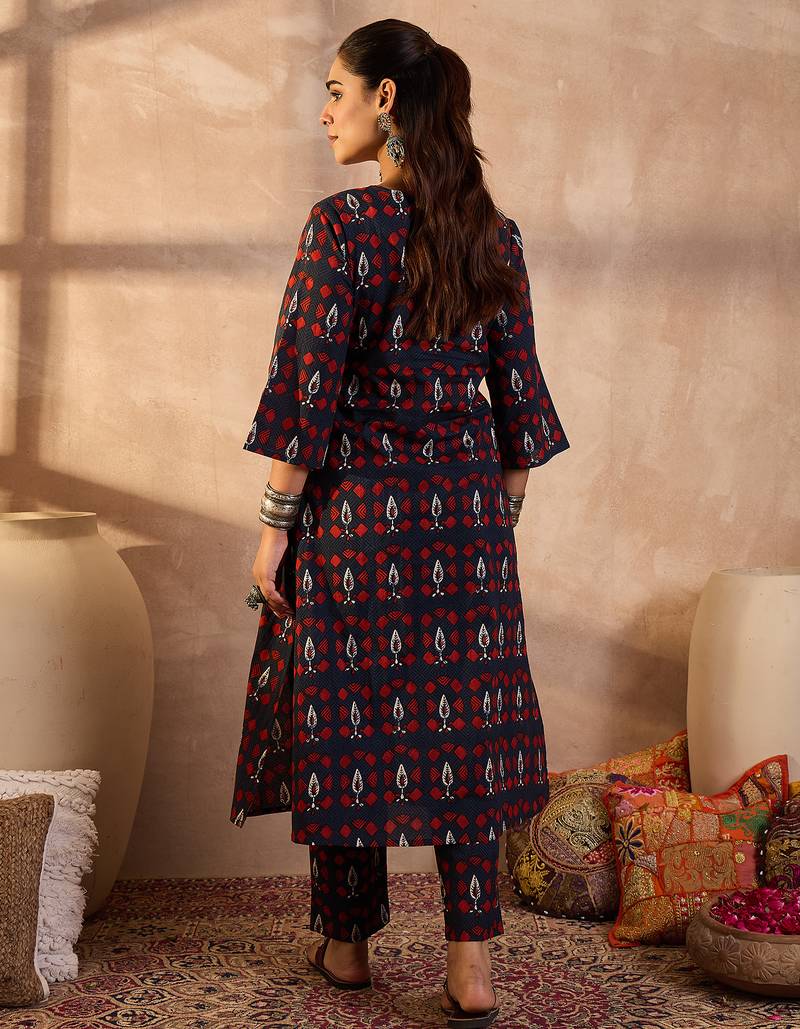 Navy blue printed pure cotton kurta trouser set