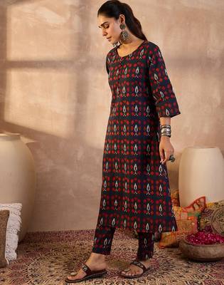 Navy blue printed pure cotton kurta trouser set 3