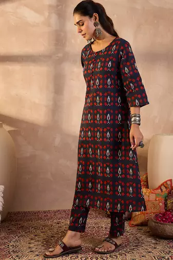 Navy blue printed pure cotton kurta trouser set