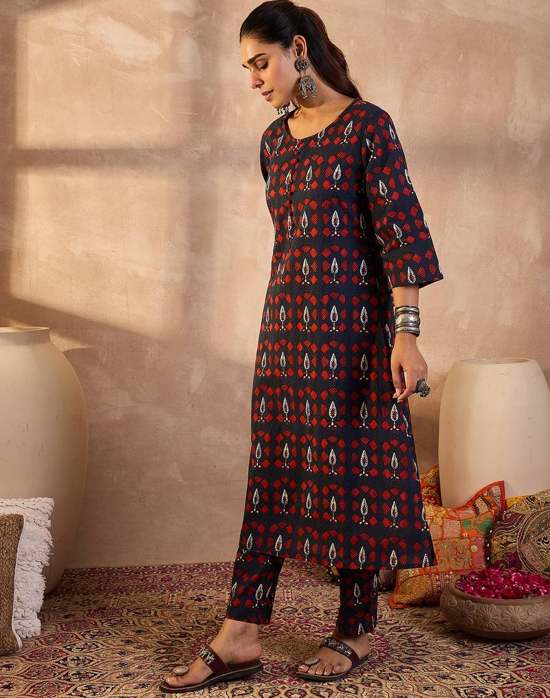 Navy blue printed pure cotton kurta trouser set