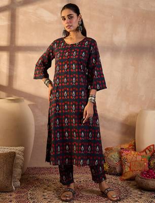 Navy blue printed pure cotton kurta trouser set 4