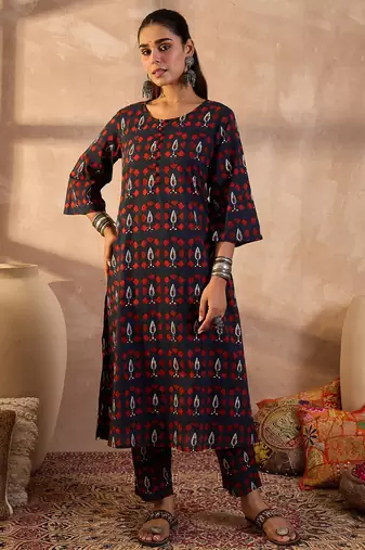 Navy blue printed pure cotton kurta trouser set