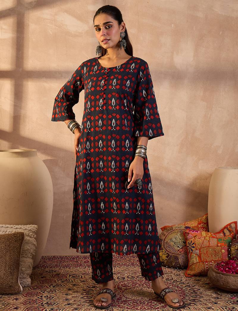 Navy blue printed pure cotton kurta trouser set