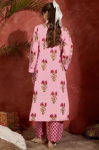 Pink printed pure cotton kurta trouser set