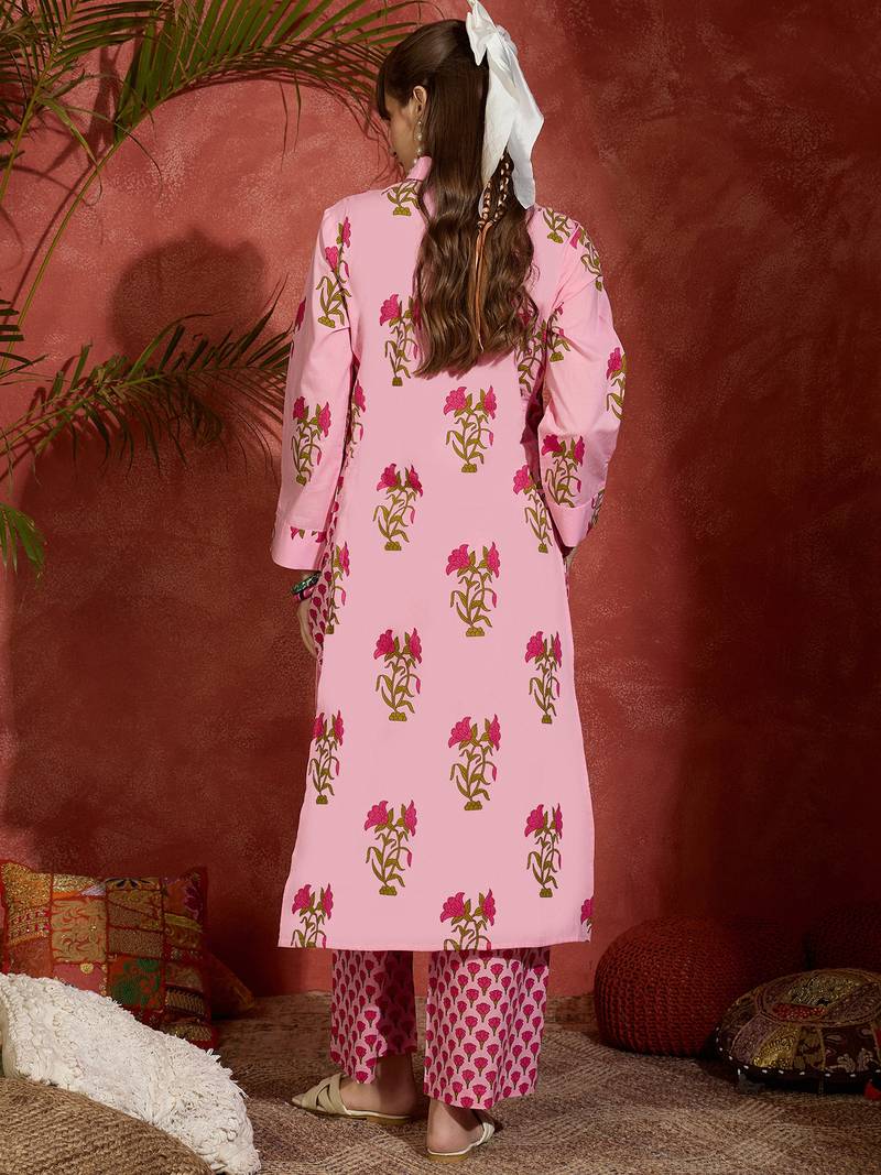Pink printed pure cotton kurta trouser set