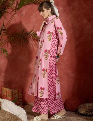 Pink printed pure cotton kurta trouser set 3