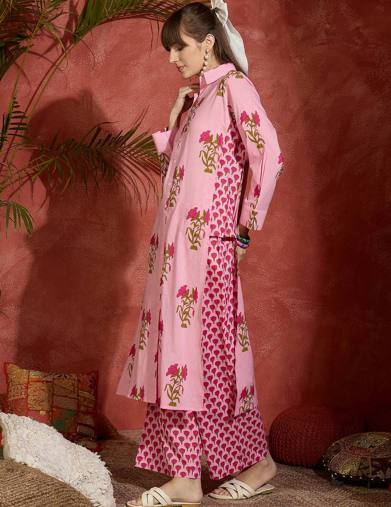 Pink printed pure cotton kurta trouser set