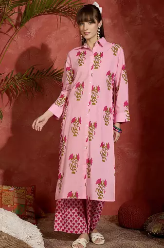 Pink printed pure cotton kurta trouser set