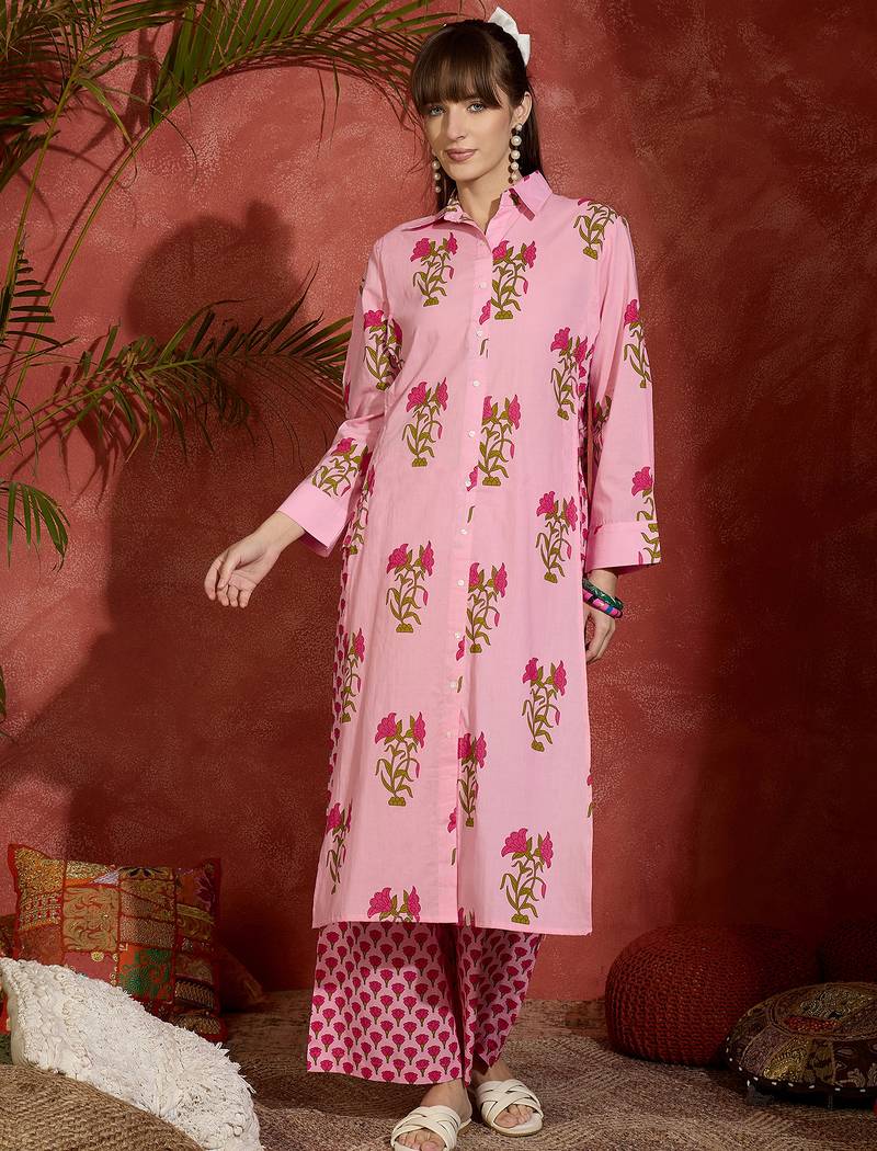 Pink printed pure cotton kurta trouser set