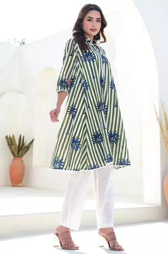 Multicolor printed pure cotton kurta trouser set