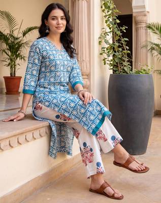 Blue printed pure cotton kurta trouser set 1