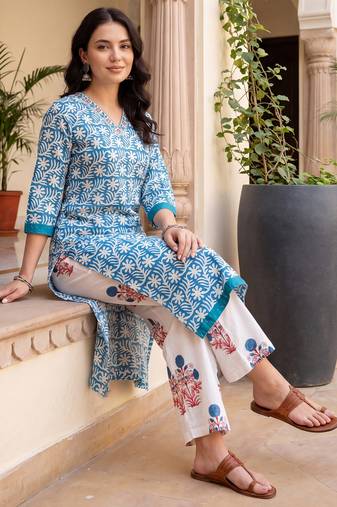 Blue printed pure cotton kurta trouser set