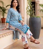 Blue printed pure cotton kurta trouser set