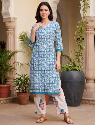 Blue printed pure cotton kurta trouser set 2