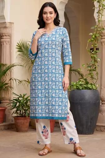 Blue printed pure cotton kurta trouser set