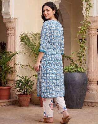 Blue printed pure cotton kurta trouser set 3